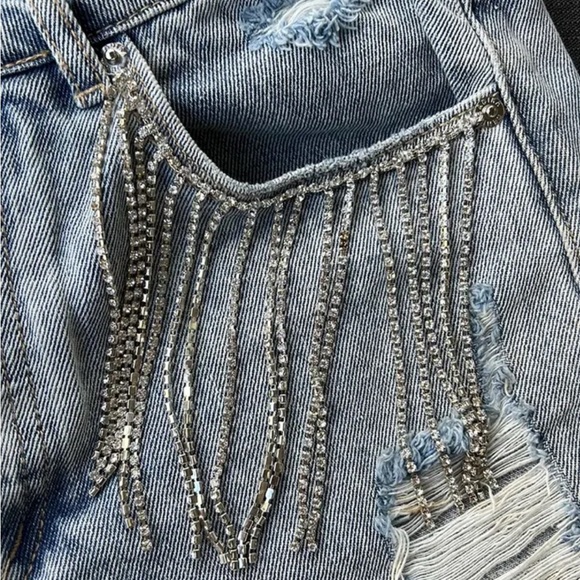 Adika Light Blue Jean Shorts with Rhinestone Fringe - Picture 3 of 3